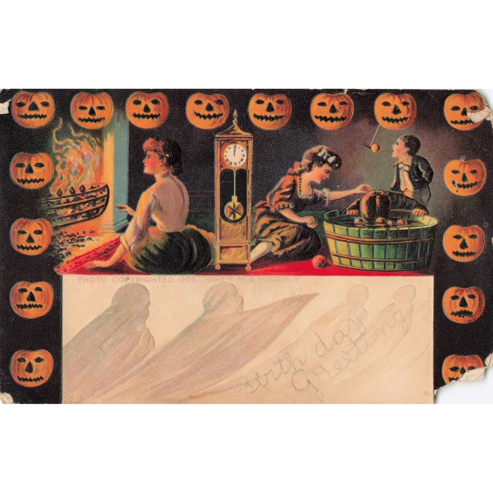 Halloween Postcard 1906 Tower M&N Co Jack O Lantern Bobbing Apples Ghosts Vtg